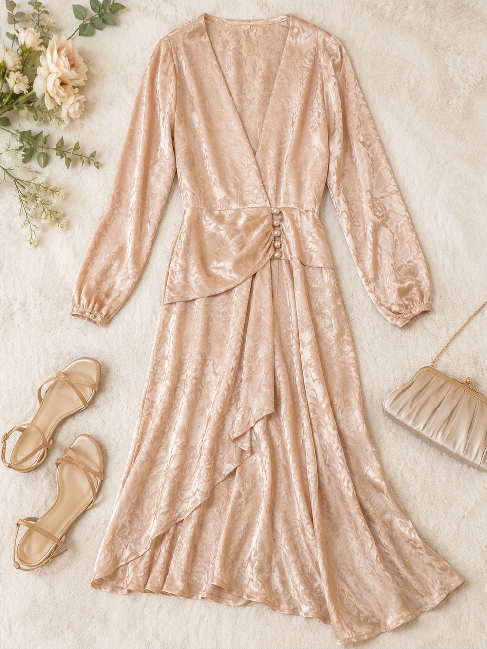 Elegant Blush Wrap Midi Dress with Buttoned Waist